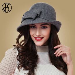 FS Elegant Bowknot Ladies Wool Filt Bowler Black Red Fedora Hats For Women Wide Brim Vintage Floppy Winter Church Cloche Hats 240412