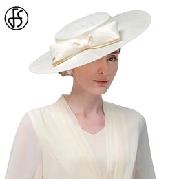FS Elegant Elegant Wide Brim Ivory Hats for Women Big Bow Occasion officielle Kentucky Cap Lady Wedding Cocktail Flat Top Fedoras 240403
