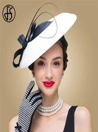 FS Fascinators Sombrero pastillero para bodas en blanco y negro para mujer Sombrero de paja negro ancho vintage Vestido de iglesia para mujer Sombreros Derby Sinamay 29700979