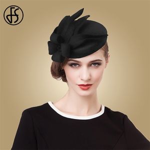 FS Fascinators For Women Elegant Flower Black Pillbox Hat Wol Filt Hoeden Vintage trouwjurk Fedoras Church Ladies Formele Caps 220812