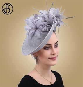 FS Fascinators Gray Sinamay Hat met Feather Fedora voor vrouwen Derby Cocktail Party Bridal Ladies Church Hats 2208133105545