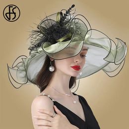 FS Mode Hoed Voor Vrouwen Roze Organza Hoeden Dames Theekransje Bruiloft Grote Brede Rand Tovenaar Vintage Fedora 240311