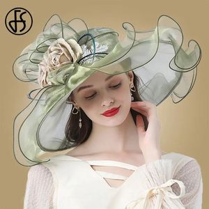 FS Bloem Tovenaar Vrouwen Brede Rand Bruiloft Kerk Organza Zonnehoed 2023 Elegante Grote Dames Fedora 240311