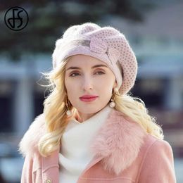 FS CHAPE DE BÉRET français pour femmes Chapeaux de laine chauds Caps de bonnet d'hiver Bowknot Black Beret Hats Elegant Ladies Casual 240412