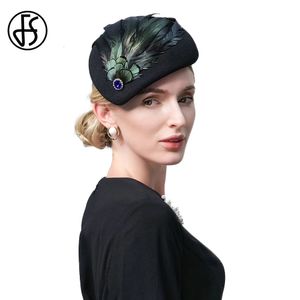 FS French RoyalBlue Beret Bruiloft Hoeden Fascinators For Women Wool Filt Caps Elegant Church Cocktail Party Fedoras met veren 240412