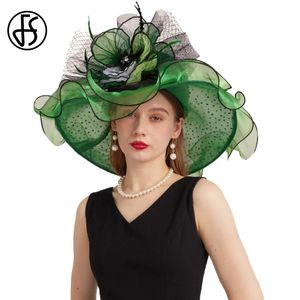 FS Green Organza St Patricks Cap Lady Wide Head Hats For Women Mesh Bead Feather Flower Bruiloft Bride Fedora 240401