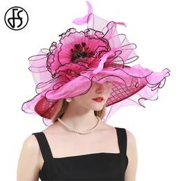 FS Chapeaux pour femmes Rose Red Tea Party Mariage Organza Cap Feather Flower Plaid Fascinator Wide Brim Fes 240423