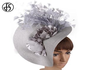 FS imitation paille Big Derby Fascinator Hat pour le mariage Femmes White Flower Head-Band Band Fancy Feather Race Hair Accessorie 24393048