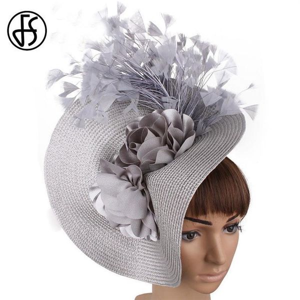 FS Imitation paille grand Derby fascinateur chapeau pour mariage femmes blanc fleur casque bandeau fantaisie plume course cheveux accessoire 22707