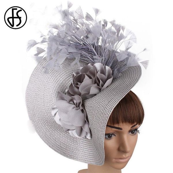 FS IMitation Straw Big Derby Fascinator Sombrero para mujeres Wedding Women White Flower Tadera Headband Fancy Feather Carry Hair Accessorie 2213m
