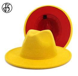 FS NUEVA Patchwork rojo amarillo Lana Fantilt Jazz Fedora Hats Men Women Wide Brim Panamá Vaquero Trilby Hat Party Elegant Cap 2010287325950