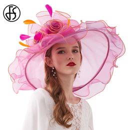 FS Organza -hoeden voor vrouwen Wijd rand Beach Cap Veil Flower Feather Wedding Elegant Church Party Fedoras 240401