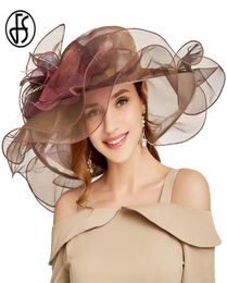 FS Organza Summer Church Hats For Women Elegante grote brede dames vintage Fedoras met grote bloemroze strandhoed Y2007149657920