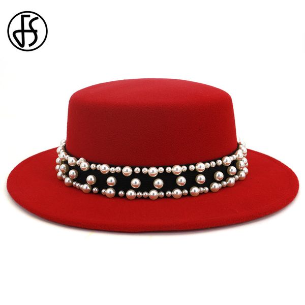 Sombrero Fedora de lana de fieltro de ala ancha Vintage con cinta de perlas FS, gorras redondas de Jazz planas para mujer, sombreros elegantes para iglesia para mujer, negro, rojo, Y0910