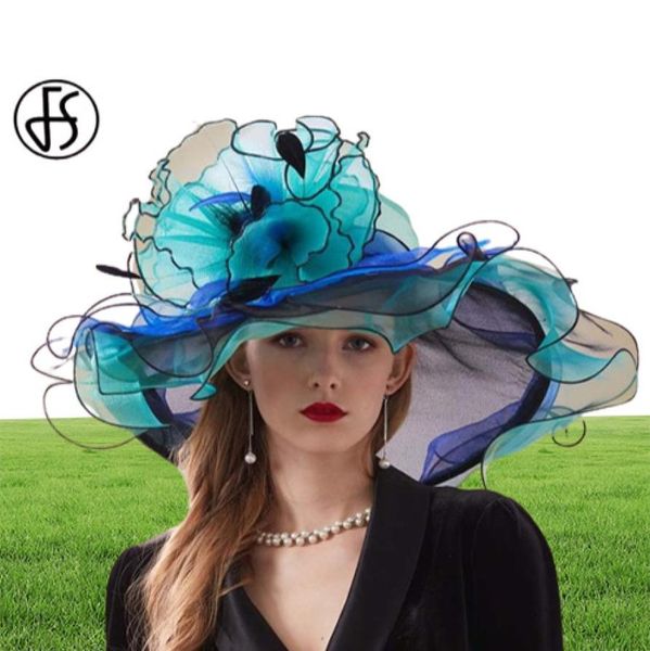 FS Pink Organza Kentucky Derby Sombrero para mujeres Borros de borde ancho Big Sun Hats Flores Elegantes Damas de bodas Fijaras de boda Fedoras 21038800526