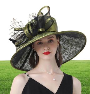 Fs paarse dames fascinator hoeden bruiloft Kentucky derby hoeden voor vrouwen bloemhoeden grote brede fedora organza hoed kerk 201108259505