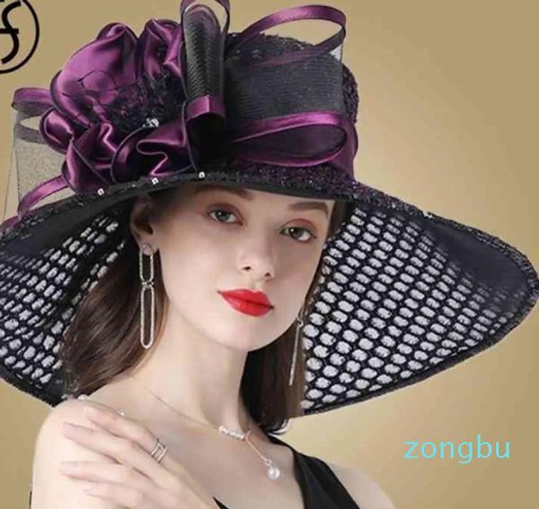 FS violet dames fascinateur chapeaux mariage Kentucky Derby pour femmes fleur Large bord Fedora Organza chapeau église