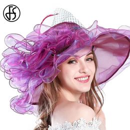 FS Purple Red Big Hats For Women Beach Brim Fedora Elegant Church Flower Large Sun Hat Ladies 240410