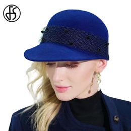 FS Royal Blue 100% wollen vilthoeden voor vrouwen met sluierwijn rode sboy cap dames formele sombrero veer zwart piekmillinery 240412