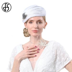 FS Sinamay Berets Elegante dames besneeuwde witte hoeden voor vrouwen veer luxe millinery bruiloft bridale kerkfeest pet vrouwelijk 240401