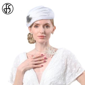 FS Sinamay Berets Elegante dames Sneeuw witte hoeden voor vrouwen Veer Luxe Millinery Wedding Bridal Church Party Cap Vrouw 240412