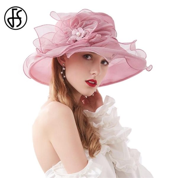 FS Summer Organza Fascinator Hat de mariage pliable Robes d'église Kentucky Chapeaux pour les femmes Elegant Pink Wide Brim Fedora 2208128935822