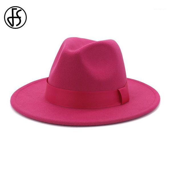 FS Vintage classique feutre laine Jazz Fedora chapeaux large bord Cowboy Panama casquette pour femmes hommes blanc rouge Trilby melon haut Hat1