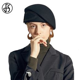 FS Vintage femmes britannique haut béret avec noeud large bord melon Fedoras dames disquette Derby chapeaux noir laine feutre cloche casquette 2024 240126
