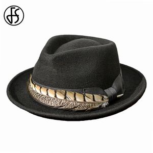 FS Vintage Wool Felt Fedoras Black Cowboy Hats for Men Feather décoratif beige jazz panama chapeau café gentleman gangster cap 240412