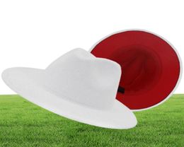 FS White Red Patchwork Wool Felt Jazz Fedora Hat Femmes Unisexe Wide Brim Panama Party Trilby Cowboy Cap Men Gentleman Médinage Hat516096552