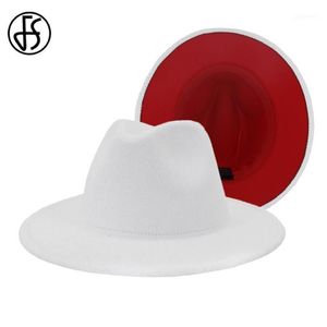 FS blanc rouge Patchwork laine feutre Jazz Fedora chapeau femmes unisexe large bord Panama fête Trilby Cowboy casquette hommes Gentleman mariage Hat1249o