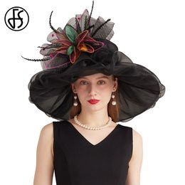 FS Wide Brim Organza Cap vrouwelijke hoeden voor vrouwen met mesh Feather Flower Millinery Wedding Bride Dress Fedora 240401