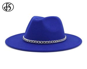 FS Women Fedora Wool Hat otoño Invierno Caballero Triby Feed Sombreros para hombres Moda Royal Blue Yellow Jazz Shats With Chain52726856516062