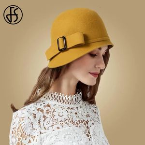 Fs fs womens laine noire feutre cloche British top Bucket Hat avec bowknot large rasoir melon fedoras dames jaunes floque