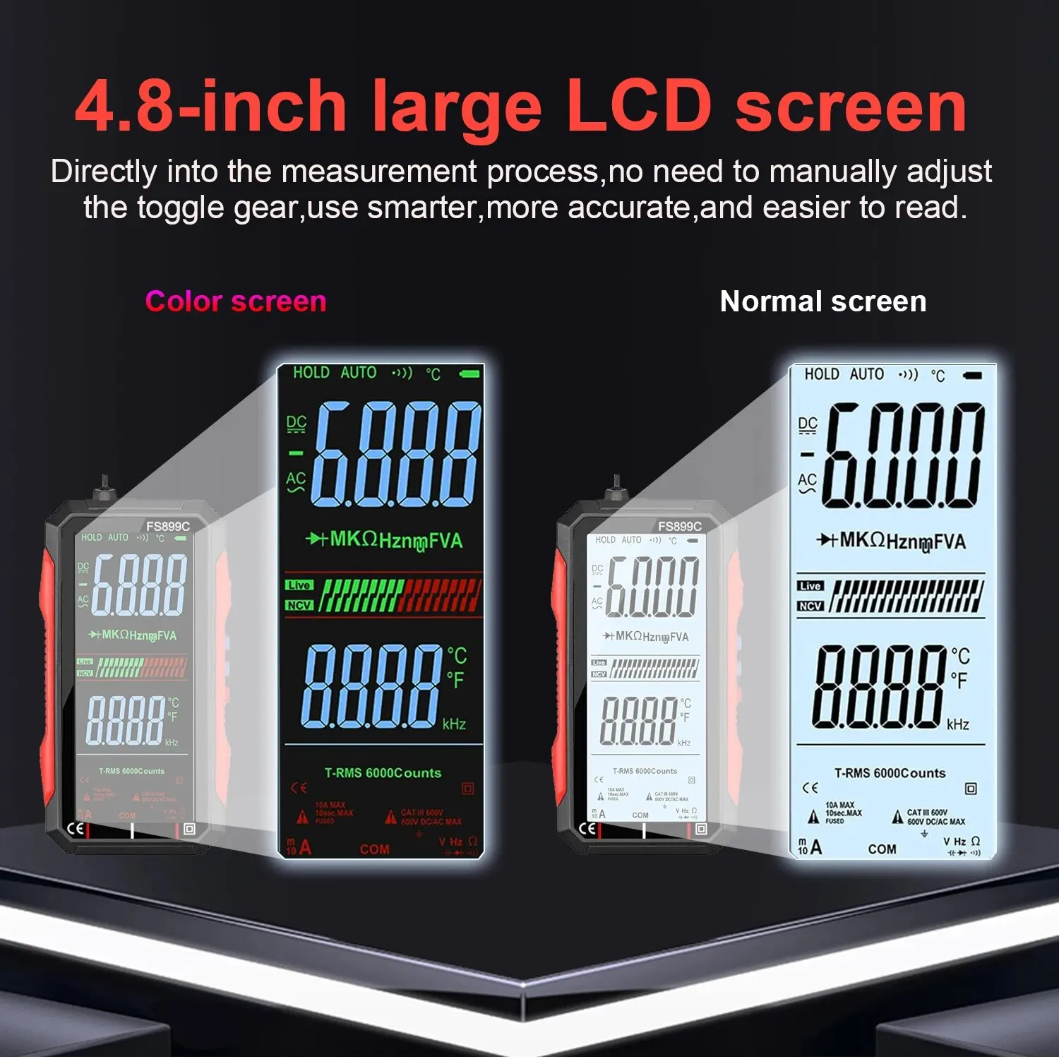 FS899C 충전 가능 4.8 인치 대형 스크린 6000 카운트 스마트 디지털 멀티 미터 자동 범위 커패시턴스 옴 Hz 다이오드 라이브 체크