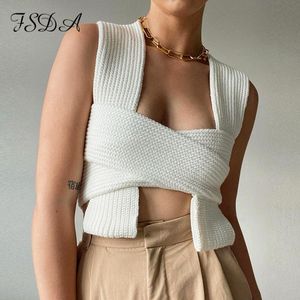 FSDA sans manches tricoté Crop pull Sexy automne été mode gilet noir décontracté blanc pull haut femme pull 220813