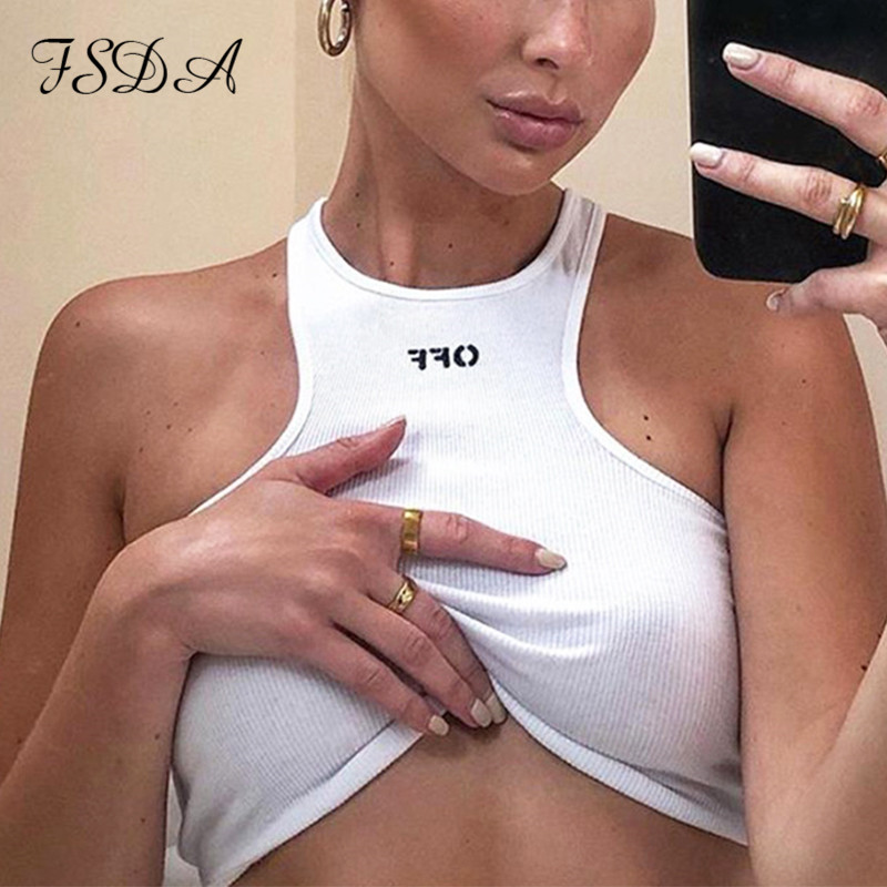 FSDA Yaz 2020 Beyaz Kadın Kırpma Üst Nakış Seksi Kapalı Omuz Siyah Tank Top Casual Kolsuz Backless gömlekler