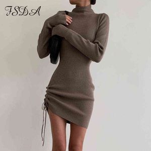FSDA – robe tricotée à col roulé pour femmes, moulante, froncée, Mini manches longues, marron, Sexy, élégante, robes de soirée, blanche, G1214, 2021
