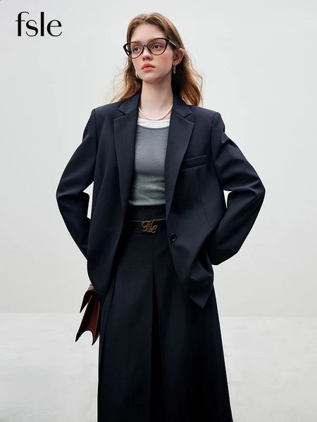 FSLE 486% laine tempérament Blazer jupes costume noir bleu marine col cranté lâche Blazers simple boutonnage manteau jupe deux ensemble 240202