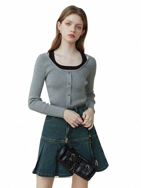 FSLE Faux Deux Tops Courts Tricotés Pour Femmes Printemps 2023 Nouveau Style Sous-Vêtements Solide O-cou Casual Gris Cardigan Pour Femmes J0at #