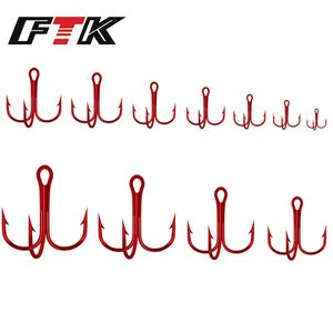 FTK 50PCS Crochets de pêche 1 # -12 # Red Barbed Triple Fishhook Overstrik Fishing Tackle High Carbone Steel Treble Crochets 240328