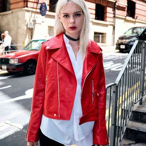 FTLZZ Automne Faux Cuir Manteau Femmes Rouge PU Veste En Cuir Femmes Court Biker Vestes Col Rabattu Slim Moto Outwear L220728