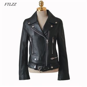 FTLZZ automne femmes veste en cuir Pu femme fermeture éclair ceinture manteau court femme Faux cuir noir moto vêtements d'extérieur veste de motard 220112