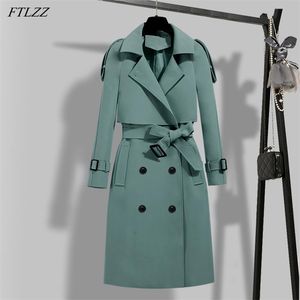 FTLZZ Nouveau automne hiver femmes élégantes double boutonnage solide trench-coat vintage col rabattu trench chaud avec ceinture 201211