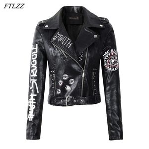 FTLZZ New Spring Autumn Women Winter Faux Leather Jackets Black Punk Rivet Motorcycle Jacket Zipper Epaulet Printed Biker Coats