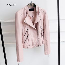 FTLZZ Women Fashion Zipper Faux Leather Jacket Slim Long Sleeve Short Design Black Pink Motorcycle PU Jacket 201030