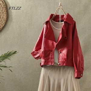 FTLZZ Femmes Faux Cuir Veste Automne Rue En Cuir Manteau Doux Lâche Vintage Biker Manteau Poches Courtes Moteur Pu Noir Veste 201030