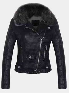 FTLZZ nouvelles femmes hiver Faux cuir veste chaud grand col de fourrure dame moto Pu Faux cuir souple blanc noir rose manteau L220728