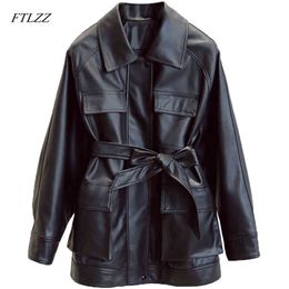 FTLZZ Slim PU manteaux femmes vestes en Faux cuir Vintage moteur Biker élégant cravate ceinture taille poches boutons