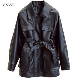 Ftlzz slanke pu lagen vrouwen faux lederen jassen vintage motorbiken jassen elegante tie riem taille zakken knopen jassen 220815